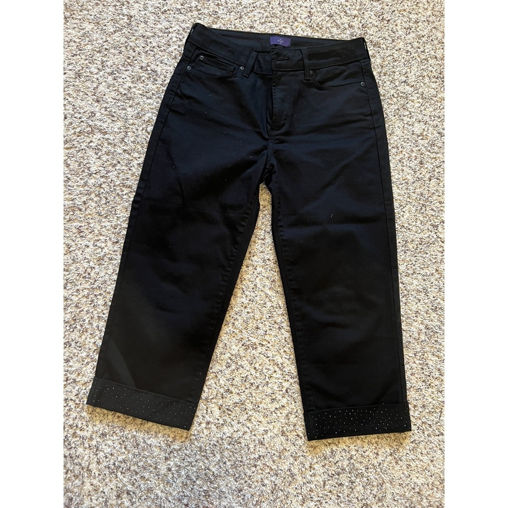 NYDJ New Straight Leg Crop Black Denim Jean Cuffed Sparkling Capri Sz 6 Mid Rise